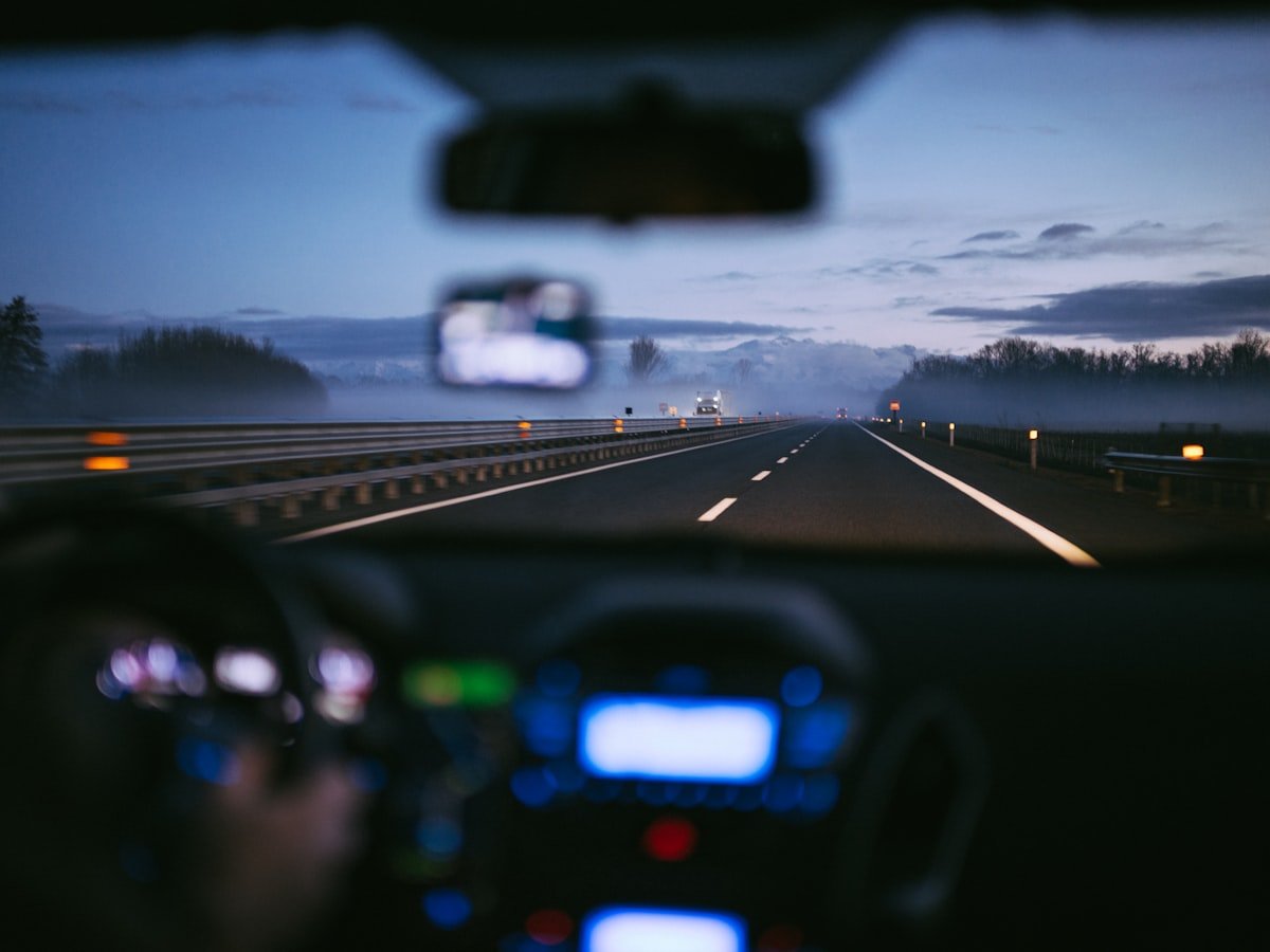 View from inside a car through the windshield while driving